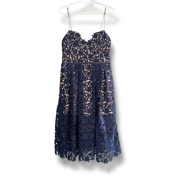 Self-Portrait Azaelea Navy Blue Guipure Lace Midi Dress, Size 10 - Picture 4 of 9